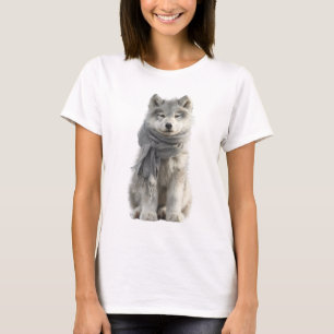 Camiseta Filhote de Husky Siberiano Fofo Vestindo um Cachec