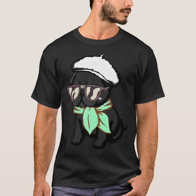 Camiseta Filhote de Pug Preto com Cachecol Verde Pixel Art (Frente)