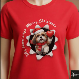 Camiseta Filhote de Shih Tzu Cachecol de Coração de Natal
