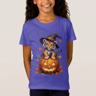 Camiseta Filhote de Tigre Fofo Usando Chapéu de Bruxa