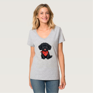 Camiseta Filhote Preto Fofo Usando um Bandana Vermelho