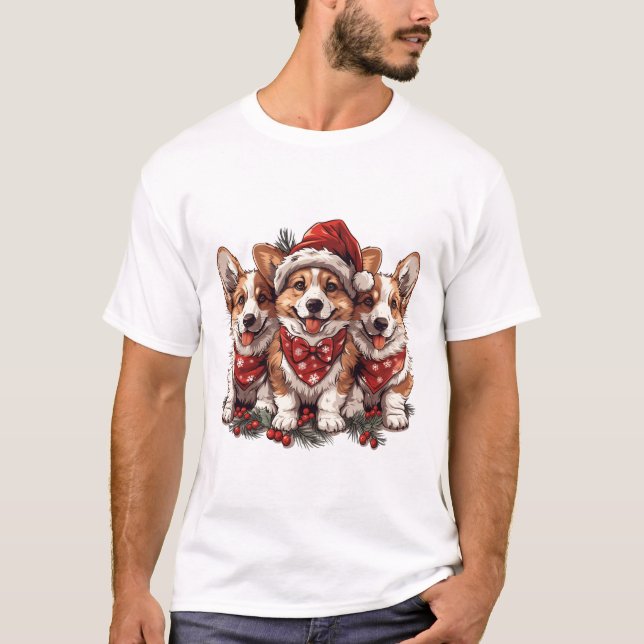 Camiseta Filhotes alegres de Pembroke Welsh Corgi no Natal (Frente)