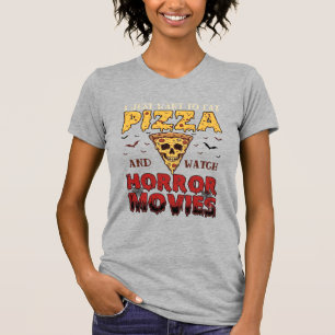 Camiseta Filmes de Terror de Pizza Halloween Caveira Morceg