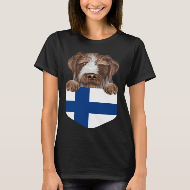 Camiseta Finland Flag German Wirehaired Pointer Dog In Pock (Frente)