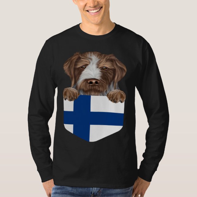 Camiseta Finland Flag German Wirehaired Pointer Dog In Pock (Frente)