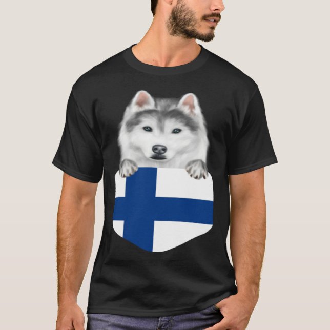 Camiseta Finland Flag Siberian Husky Dog In Pocket (Frente)