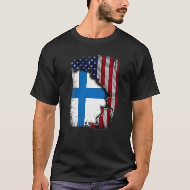 Camiseta Finlandês ROOTS Half American Flag Patrioitc Finlâ (Frente)