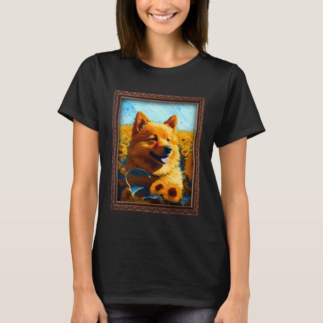 Camiseta Finnish Spitz Painting Sunflower Flower Mom Women  (Frente)