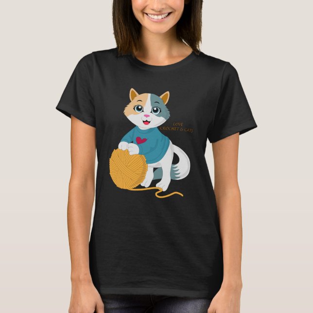 Camiseta Fios para tricô com crochê e gatos (Frente)