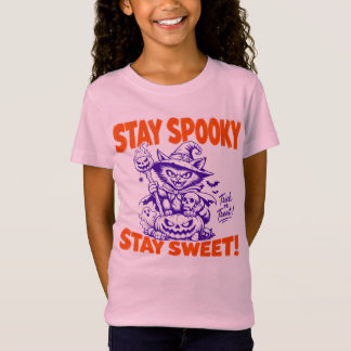 Camiseta Fique Assustador Fique Doce Bruxa Retro Gato Hallo