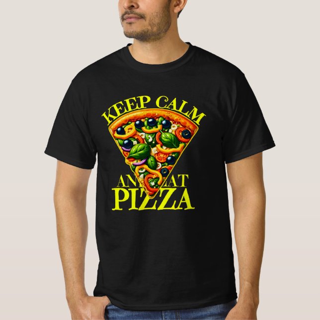 Camiseta fique calmo e coma pizza (Frente)