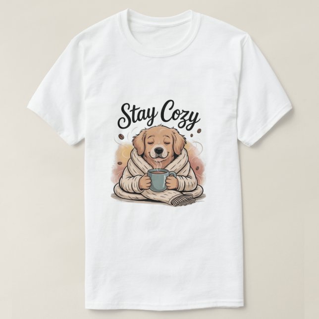 Camiseta Fique Confortável: Cachorro Fofo com Cacau Quente/ (Frente do Design)