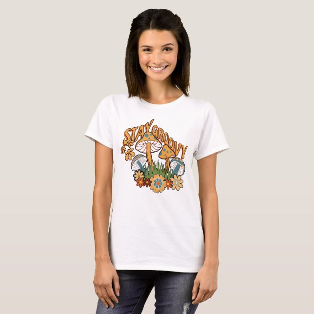 Camiseta Fique Groovy Cogumelo Retro (Frente Completa)