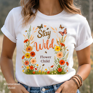 Camiseta Fique Selvagem Flor Criança Boho Floral Gráfico