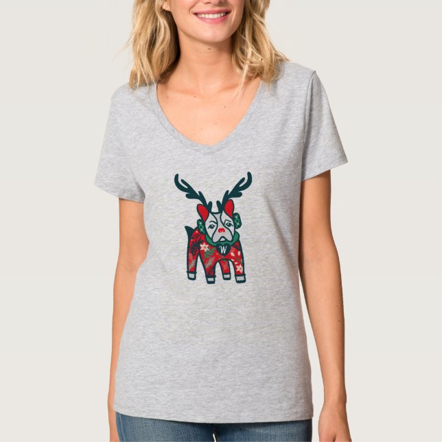 Camiseta Fique tranquilo | Bolldog Reindeer francês Natal (Frente)