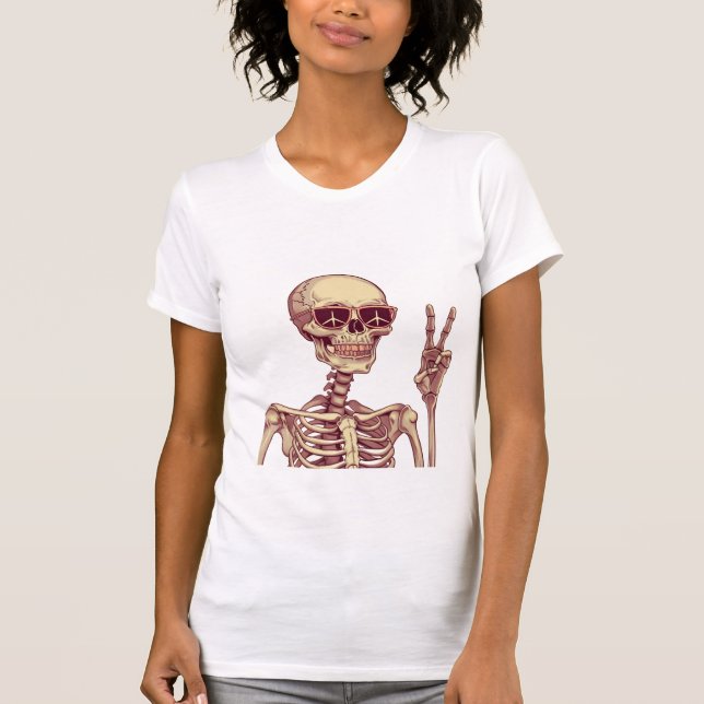 Camiseta Fique Tranquilo – Sinal de Paz do Esqueleto Retrô  (Frente)