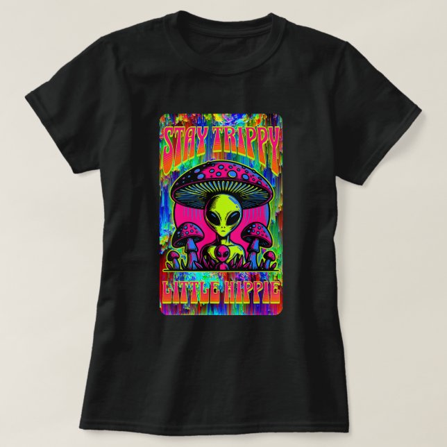 Camiseta Fique Trippy Hippie Alienígena Cogumelo (Frente do Design)