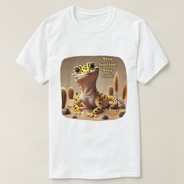 Camiseta Fiquem Spotados, Fiquem Legal! Leopard Gecko (Frente do Design)