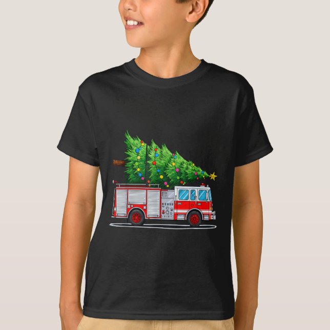 Camiseta Fire Truck Christmas Tree Xmas Lights Firefighter  (Frente)