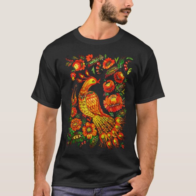 Camiseta Firebird Petrykivka Arte Ucraniana Clássica (Frente)