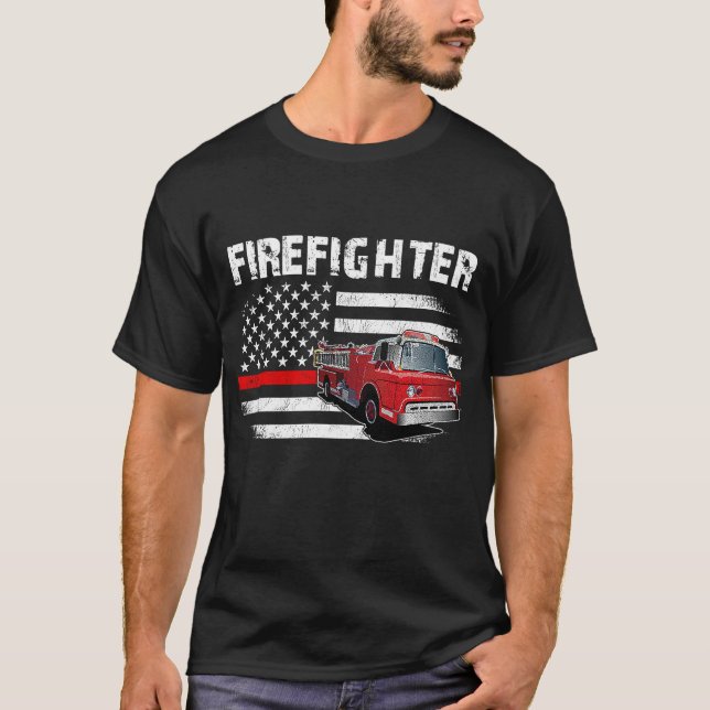 Camiseta Fireman American Flag Red Line US Firefighter Patr (Frente)