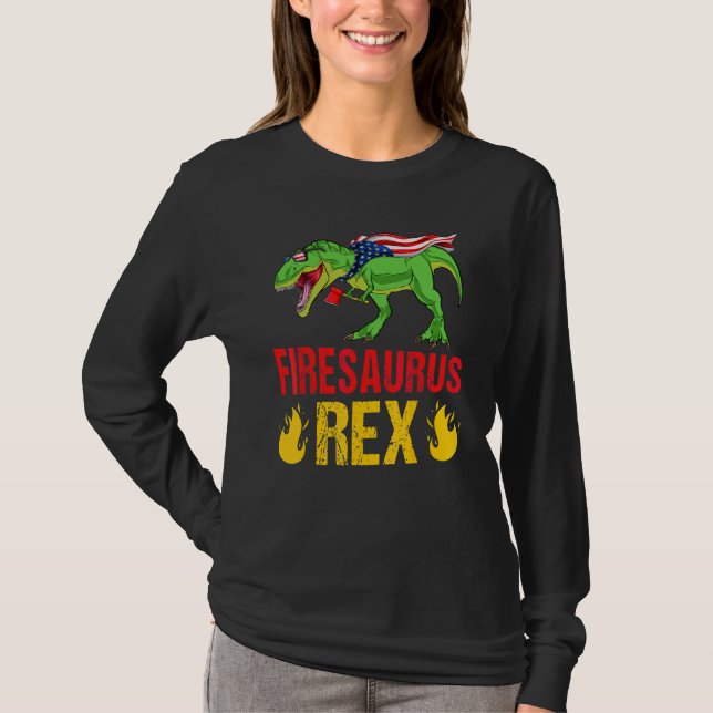 Camiseta Firesaurus Rex Dinossauros Fogo Bombeiro Vintage (Frente)