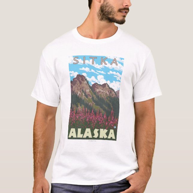 Camiseta Fireweed & montanhas - Sitka, Alaska (Frente)