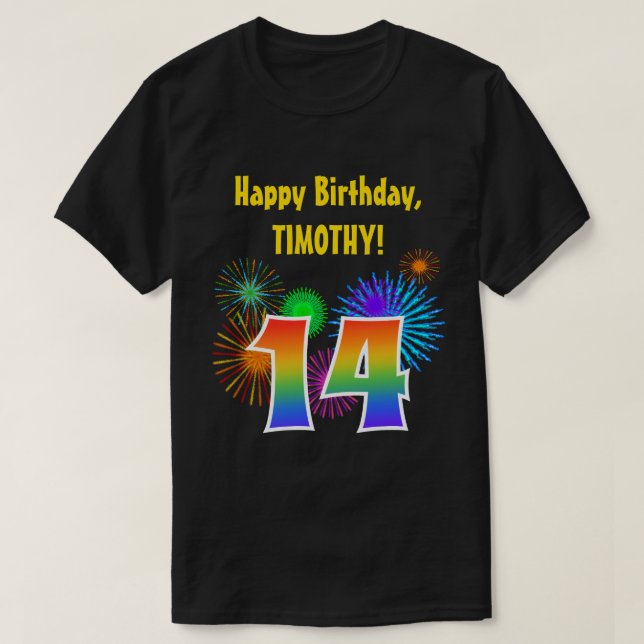 Camiseta Fireworks divertido + Rainbow Pattern "14" Anivers (Frente do Design)