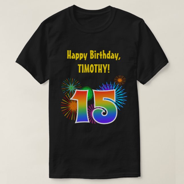 Camiseta Fireworks divertido + Rainbow Pattern "15" Anivers (Frente do Design)