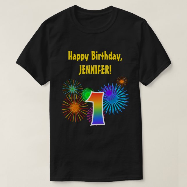 Camiseta Fireworks divertido + Rainbow Patterno "1" Anivers (Frente do Design)