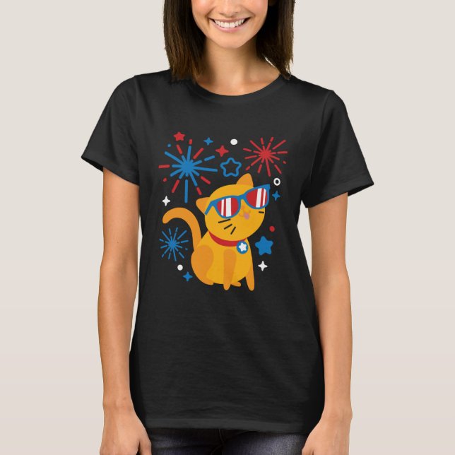 Camiseta Fireworks Meowica 4th Of July USA Flag Merica Cat (Frente)