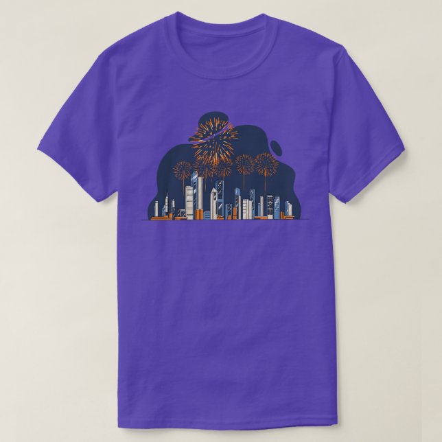 Camiseta Fireworks Sobre O Skyline Da Cidade (Frente do Design)