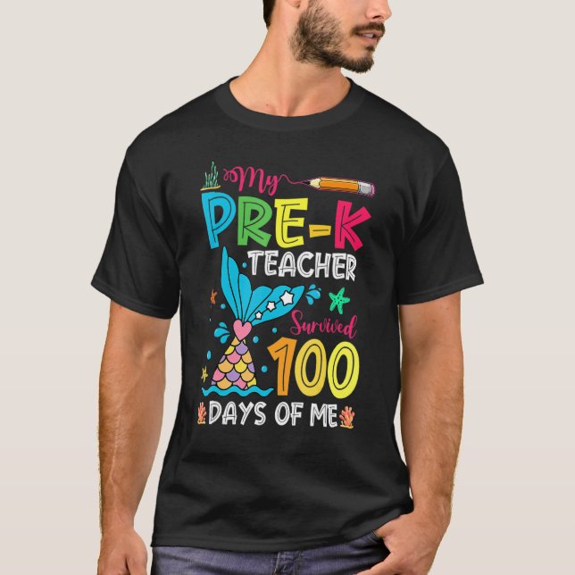 Camiseta Fish Tail Pre-K Teacher Survived 100 Days Of Me (Frente)