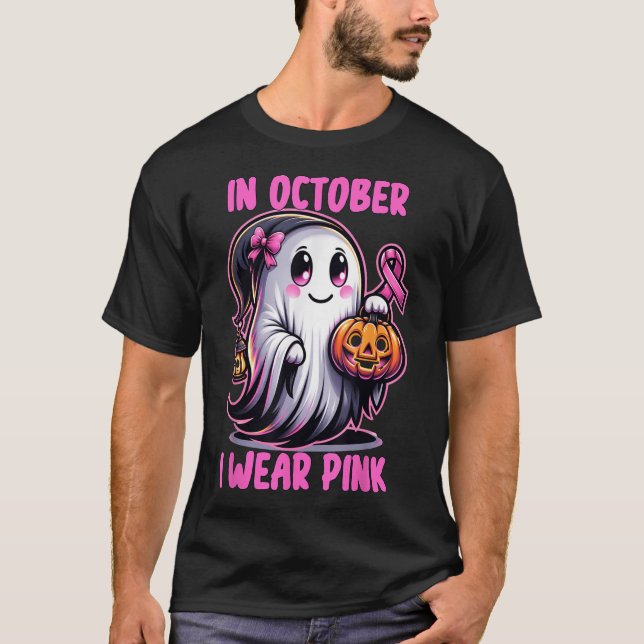 Camiseta Fita de câncer de mama De Halloween Em Outubro Eu  (Frente)