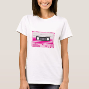 Camiseta Fita de Cassete Rosa com Placas de Aquarela Rosa