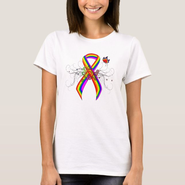 Camiseta Fita de Consciência Arco-Íris com Borboleta (Frente)