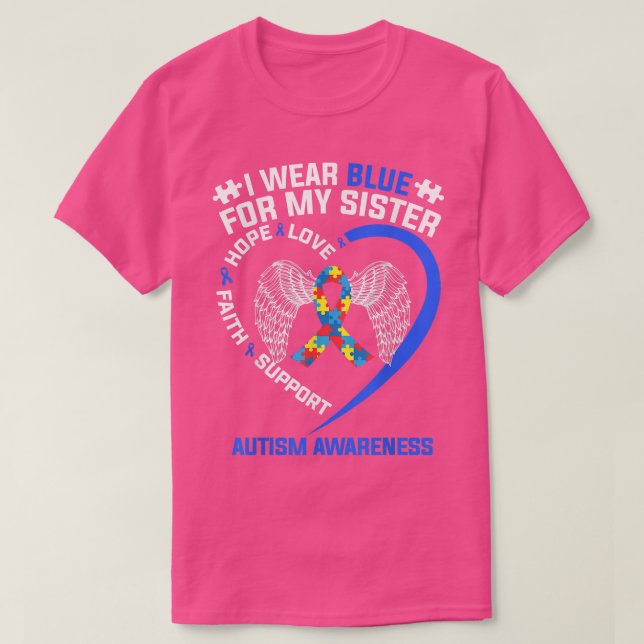 Camiseta Fita Do Coração Eu Visto Azul Para Minha Irmã Auti (Frente do Design)