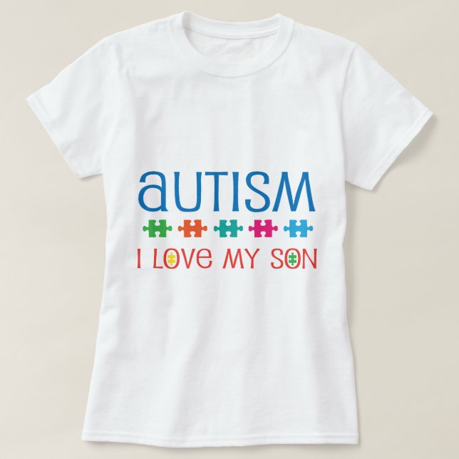 Camiseta Fita do quebra-cabeça do autismo eu amo meu filho (Frente do Design)