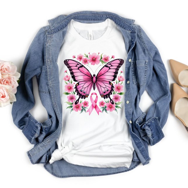 Camiseta Fita rosa-borboleta de sensibilização do Cancer da (Pink Butterfly Pink Ribbon Breast Cancer Awareness Survivor Warrior T-shirt for her)