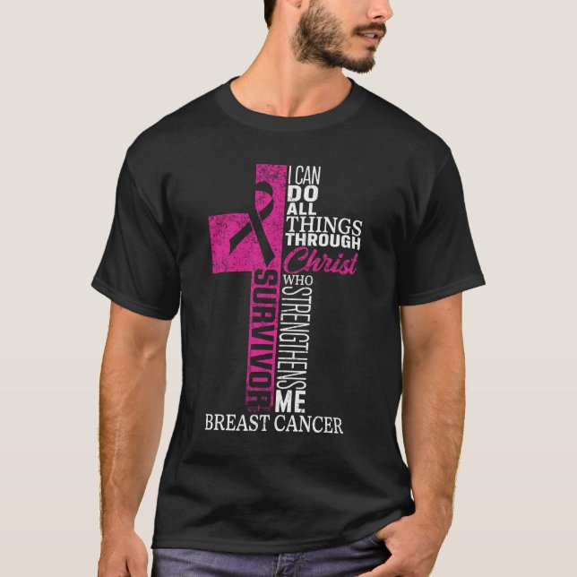 Camiseta Fita rosa Câncer da Mama Sobrevivente Cristão Cruz (Frente)