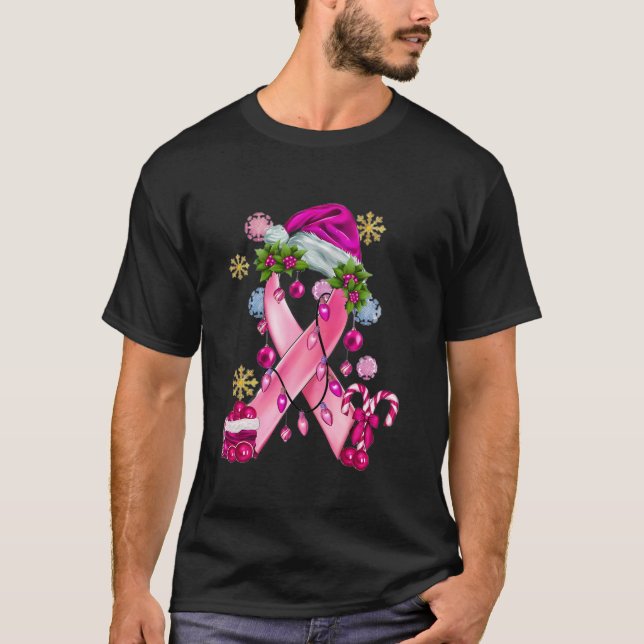 Camiseta Fita Rosa Com Conhecimento Do Cancer Do Pai Natal (Frente)