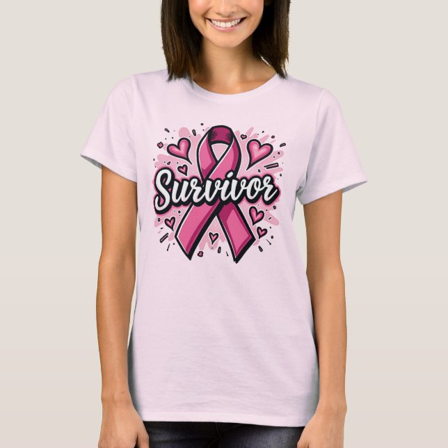 Camiseta Fita Rosa de Sobrevivência Fita Cancer Mama de Mul (Frente)