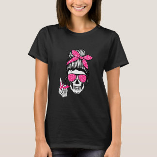 Camiseta Fita rosa do esqueleto do dedo médio do Cancer da