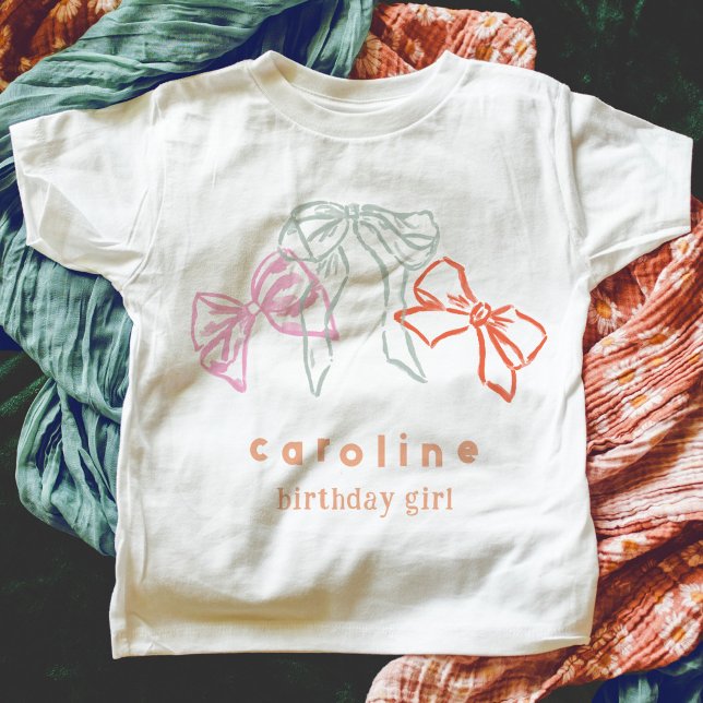 Camiseta Fitas e Arcos Festa de aniversario de meninas de A (Watercolor ribbons and bows personalized birthday girl party t-shirt.)