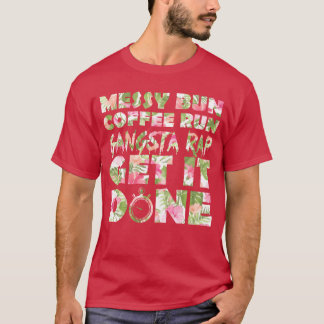 Camiseta Fitness Floral Print Messy Bun Hair Coffee Run fam