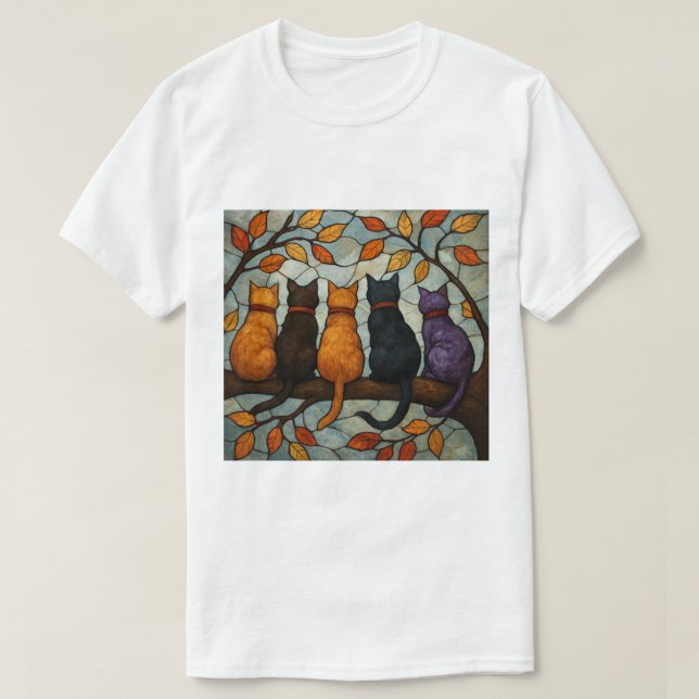 Camiseta Five Cats on a Tree Branch Stained Glass Style (Frente do Design)