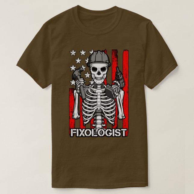 Camiseta Fixologista Gothic Skeleton USA Flag Woodworking C (Frente do Design)
