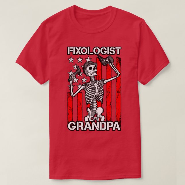 Camiseta Fixologista Grandpa Skeleton EUA Flag Woodworking  (Frente do Design)