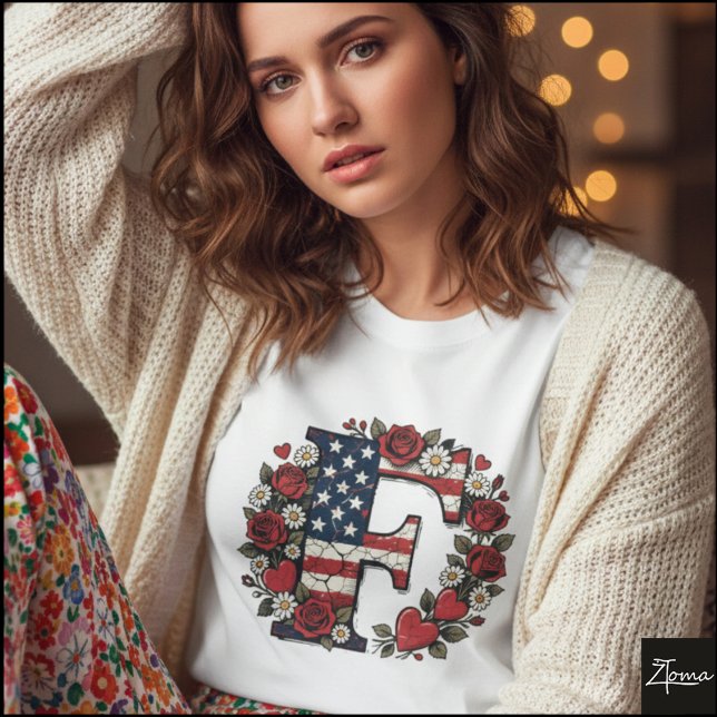 Camiseta Flag Letter F Roses Wreath Monogram (Sample design. Several style are available to choose from, with the option to add a name & color.
)