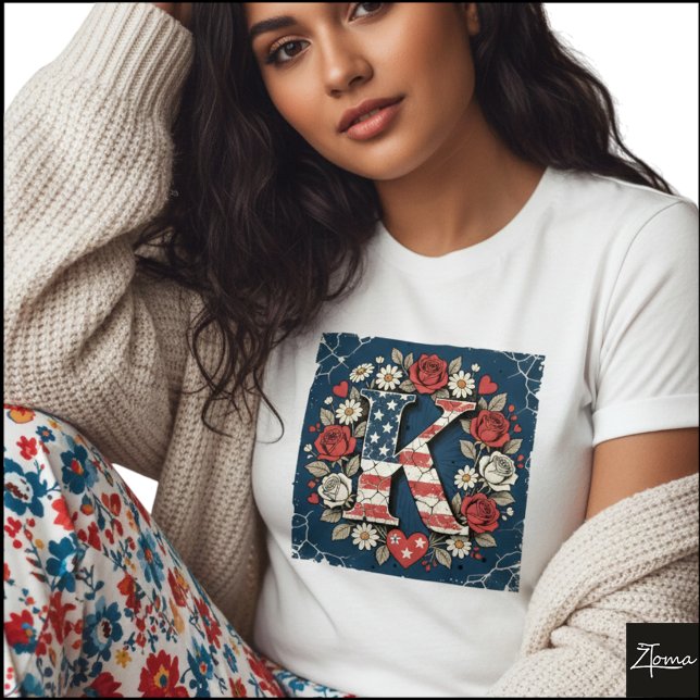 Camiseta Flag Letter K Roses Heart Wreath (Sample design. Several style are available to choose from, with the option to add a name & color.
)